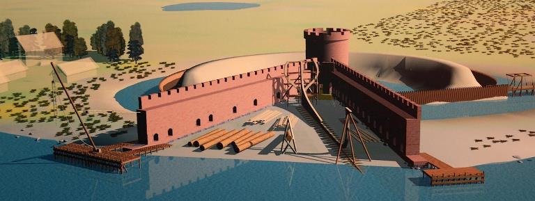 Slotø anno 1509 - Det mægtige anlæg med voldgrave og et påbegyndt skib på bedding samt montagebroer i vandet ud for hver flankemur